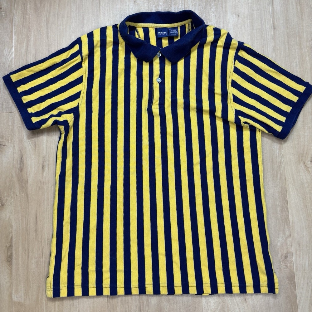 Y2K Basic Editions Vertical Stripe Polo Mens Small Blue Yellow